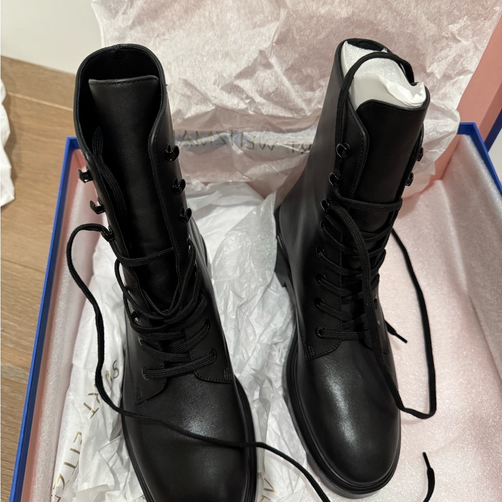 Brand New Stuart Weitzman Black Leather Combat Boots